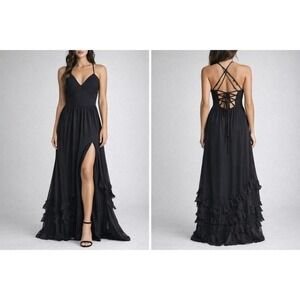 Black Pleated V-Neck Lace Up Back Maxi Dress with Ruffle Hem and Side Slit